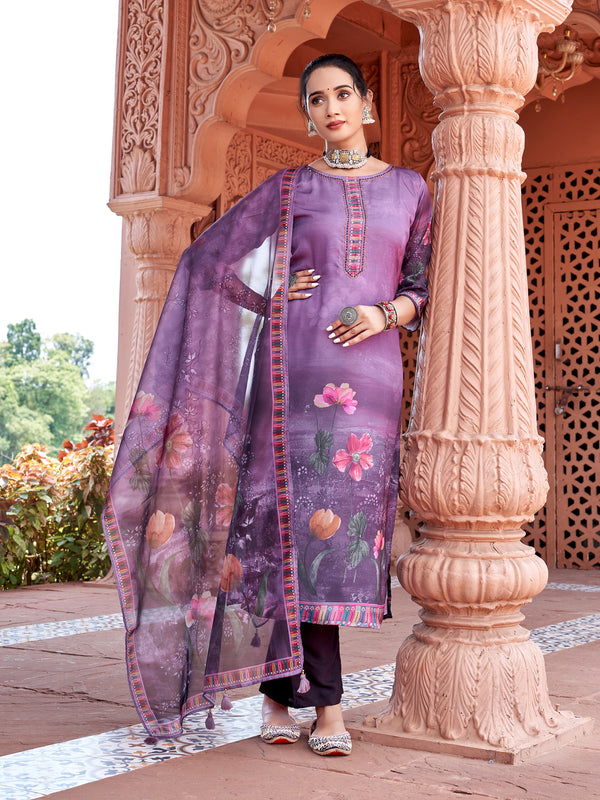 Printed Designer Wine Satin Kurta Set with Dupatta  Mitttoo - Nihar