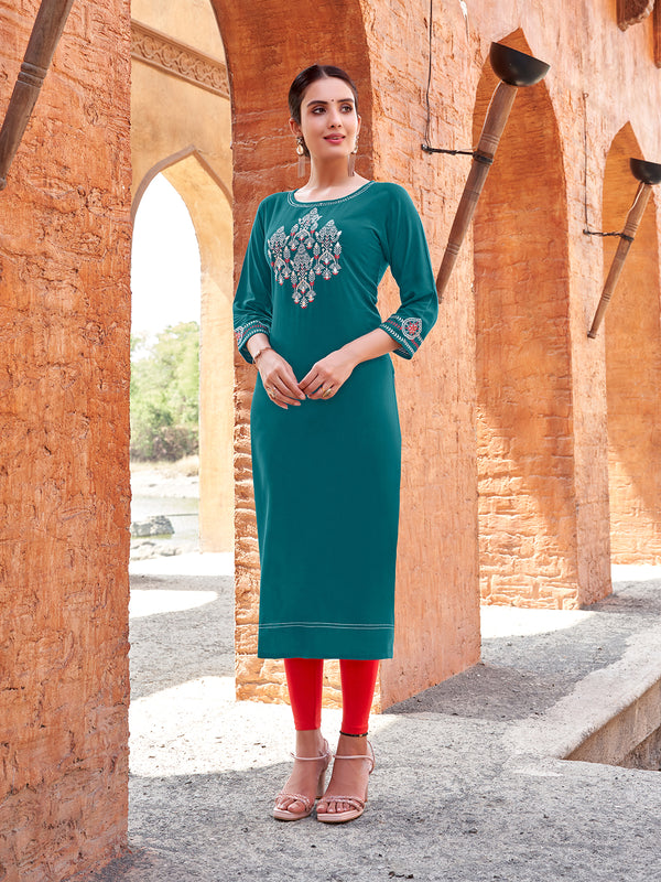 Exclusive Rayon with Thread & Handwork Teal Kurti