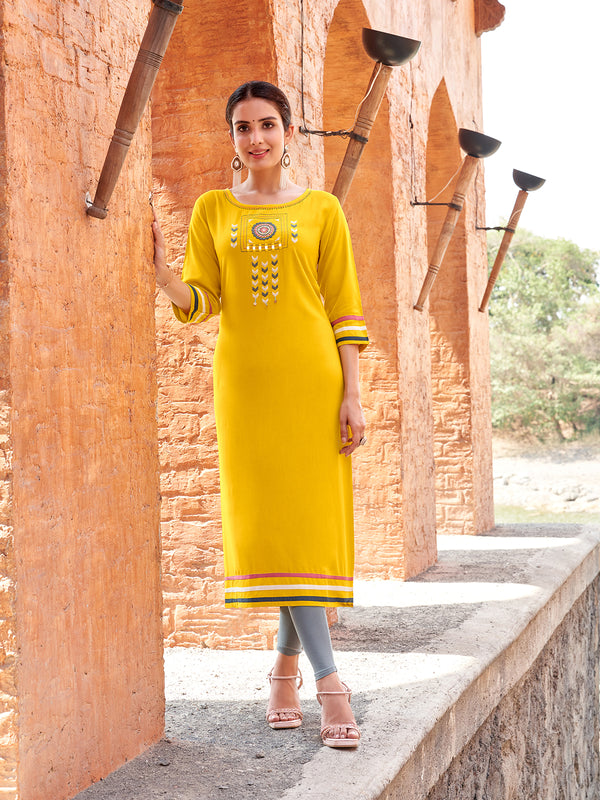 Exclusive Rayon with Thread & Handwork Yellow Kurti