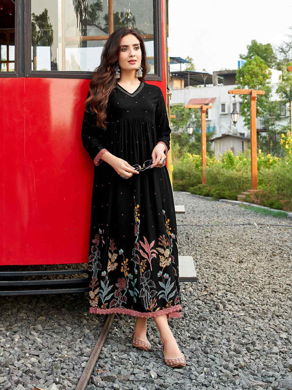 Designer Printed with Cotton Thread Work Black Rayon Kurti