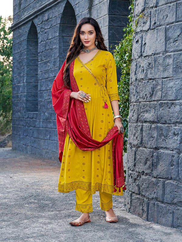 Rayon with Cotton Thread Work Yellow Kurta Set with Dupatta