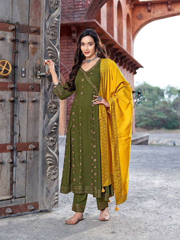 Rayon with Cotton Thread Work Army Green Kurta Set with Dupatta