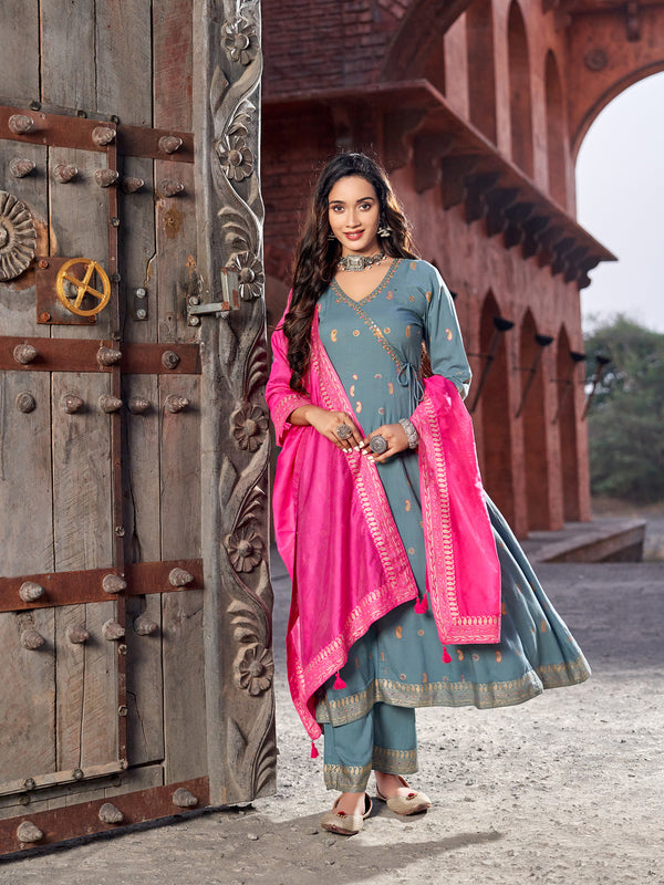 Rayon with Cotton Thread Work Gray Kurta Set with Dupatta