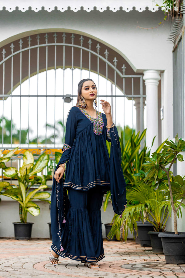 Blue Muslin Kurta and Sharara with Dupatta Ensemble-MT-8120