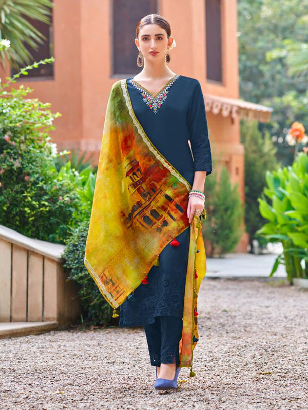 Blue Kurti, Palazzo Pants, Digital Dupatta Ensemble-MT-8146