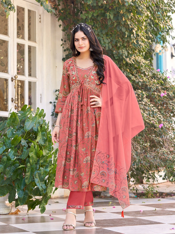 Bold Contrast: Orange Kurta and Pant Ensemble with Tebi Digital Dupatta-MT-8191