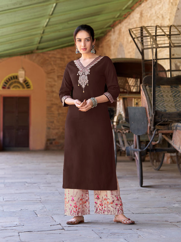 Brown Kurti with Cream Floral Plazzo - kadlee - kaveri