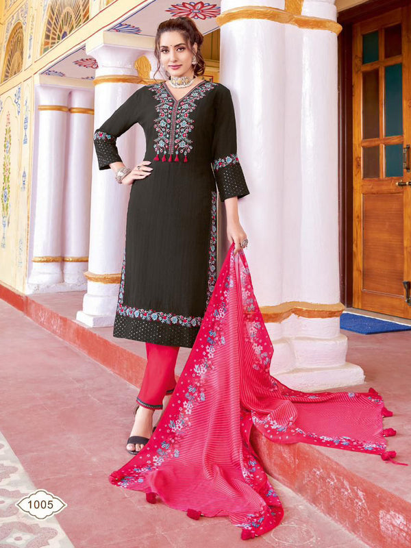 Chic Black Kurti with Light Red Pants and Organza Print Dupatta-wooglee - SAARIKA