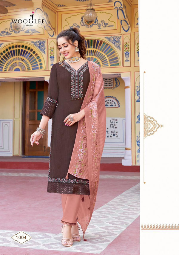 Chic Brown Kurti with Skin Pants and Organza Print Dupatta -wooglee -  SAARIKA