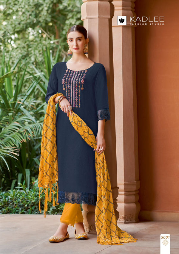 Ethnic Elegance: Navy Blue Kurti and Pants Ensemble with Bandhani Dupatta-Amruta-kadlee