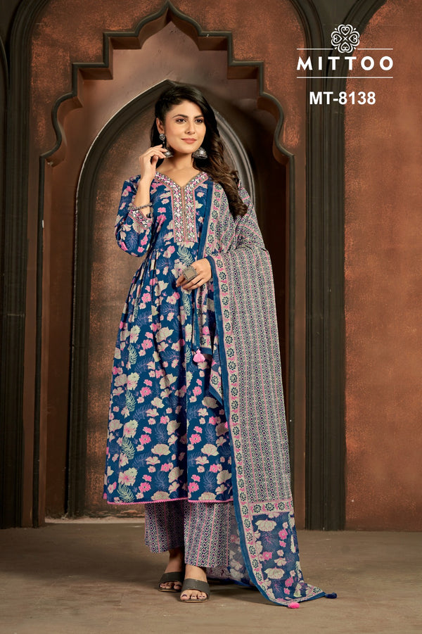 Floral Blue Cotton Kurti with Pants and Dupatta Ensemble-MT-8138