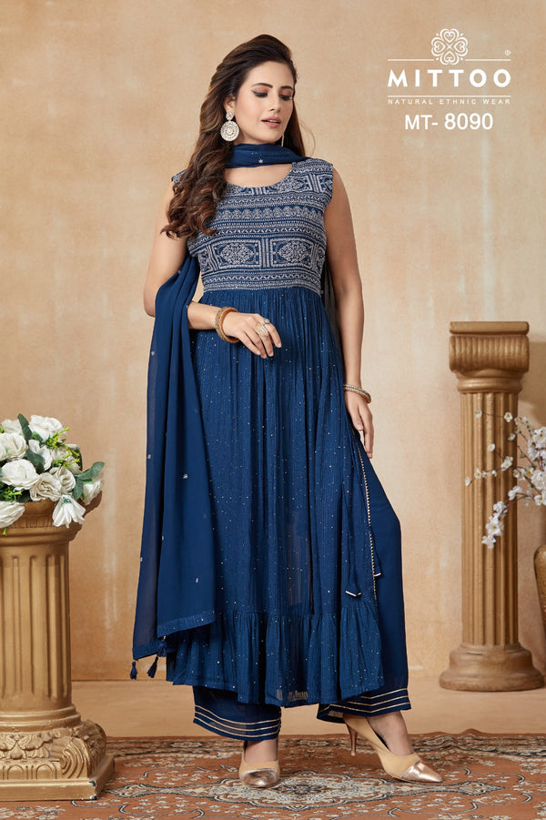 Georgette Kurti with Palazzo Pants and Dupatta Set-MT-8090