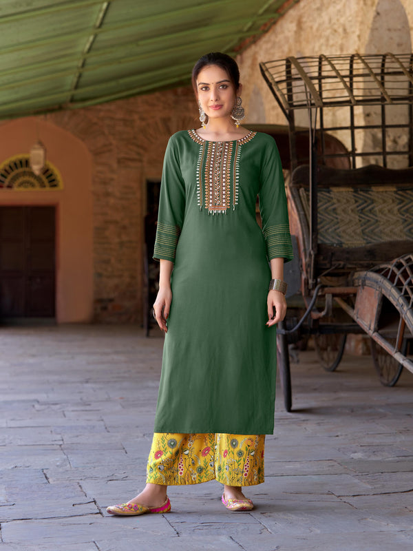 Green Oasis: Floral Yellow Plazzo Complements Vibrant Kurti-Kaveri-Kadlee