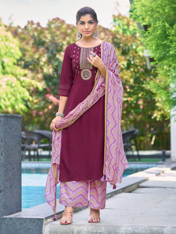 Rayon with Thread & Handwork Magenta Kurta Set with Dupatta