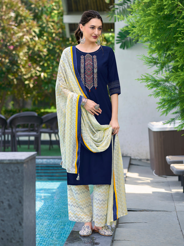 Rayon with Thread & Handwork Blue Kurta Set with Dupatta