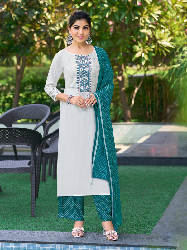 Rayon with Thread & Handwork Off white Kurta Set with Dupatta