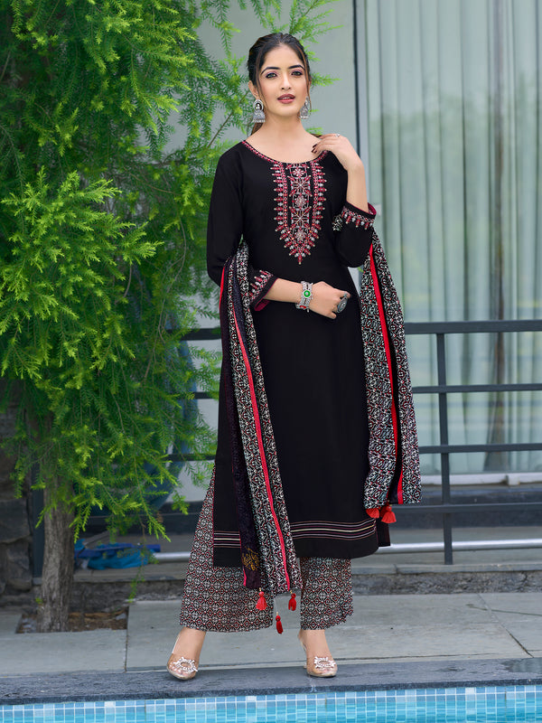 Rayon with Thread & Handwork Black Kurta Set with Dupatta