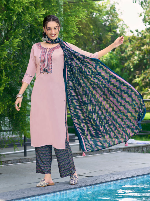 Rayon with Thread & Handwork Light Pink Kurta Set with Dupatta