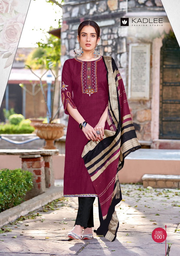 Marron Color Embroidery Kurti With Pant And Dupatta-Kadlee-Kalindi