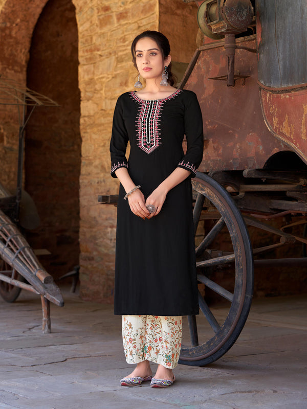 Midnight Bloom Black Kurti with Floral Cream Palazzo-Kaveri-Kadlee -  6006