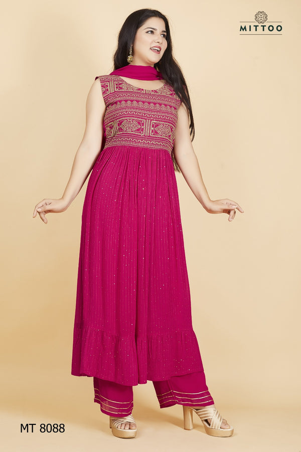 Pink Georgette Kurti with Palazzo Pants and Dupatta Ensemble-MT-8088