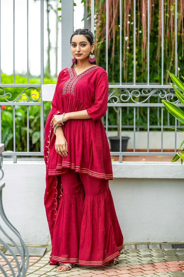 Radiant Red Kurta Sharara Set with Dupatta-MT-8119