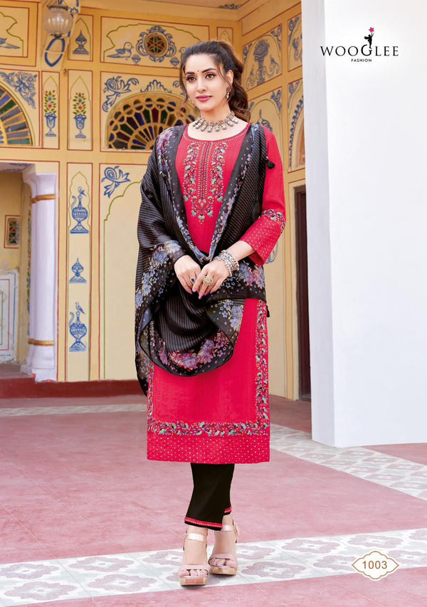 Red Kurti with Black Pants and Organza Print Dupatta-SAARIKA