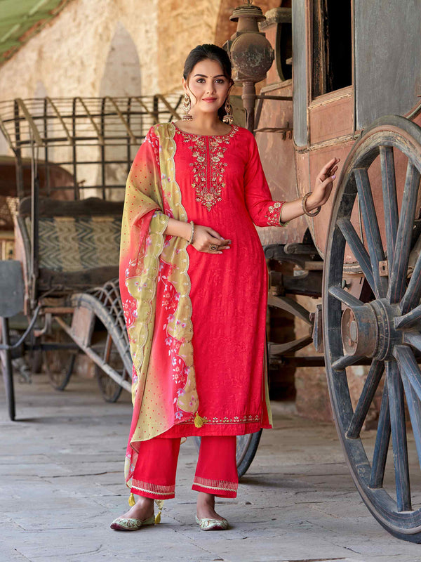 Rayon with Thread & Hand Work Pink Jacquard Kurta Set with Dupatta