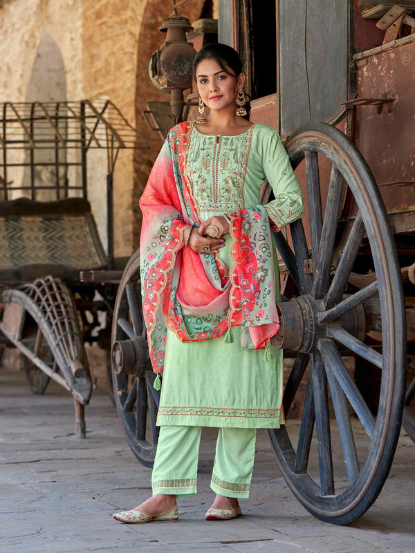 Rayon with Thread & Hand Work Light Green Jacquard Kurta Set with Dupatta