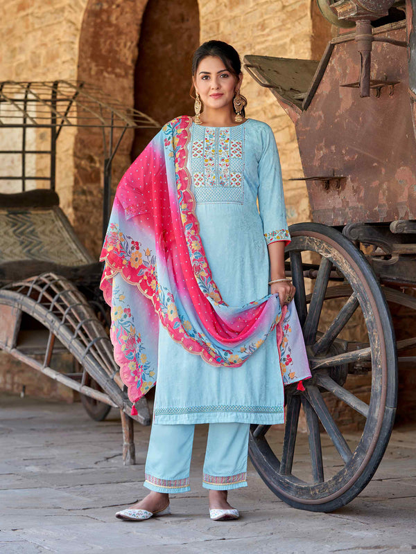 Rayon with Thread & Hand Work Sky Blue Jacquard Kurta Set with Dupatta