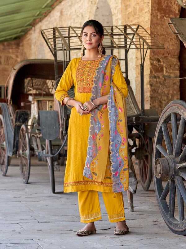 Rayon with Thread & Hand Work Yellow Jacquard Kurta Set with Dupatta