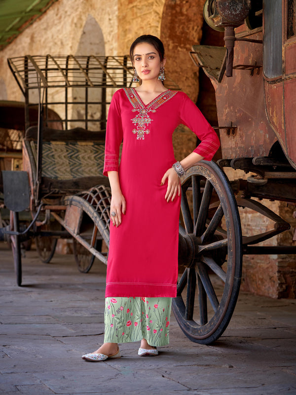 Scarlet Splendor: Red Kurti with Floral Embroidery and Digital Print Palazzo-Kaveri-kadlee