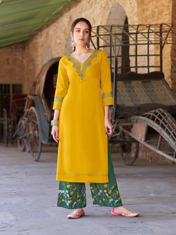 Sunshine Glow: Yellow Kurti with Floral Green Palazzo-Kaveri-Kadlee