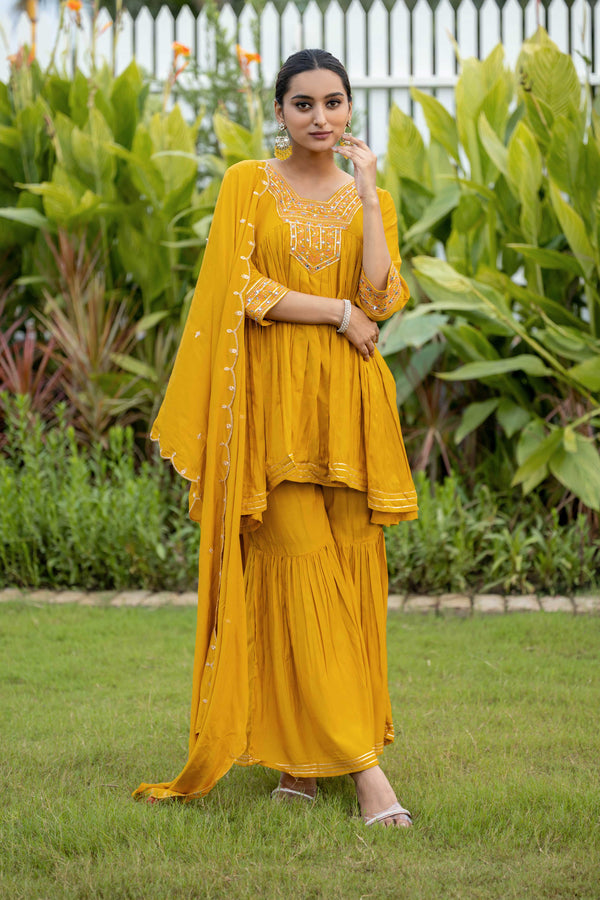 Bright Yellow Kurta Sharara Set with Dupatta-MT-8117