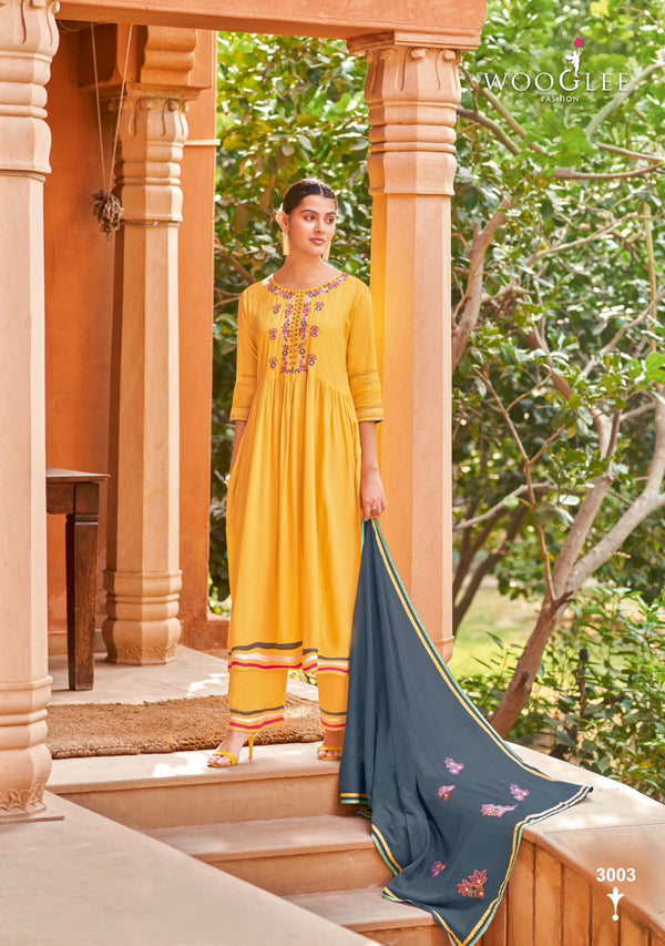 Yellow Kurti with Plazza and Grey Dupatta-KALYANI