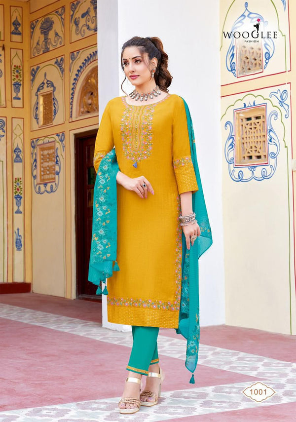 Yellow Kurti with Sky Blue Pent and Organza Print Dupatta-SAARIKA